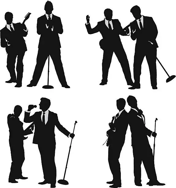 Vector illustration of Young men in suits singing and playing guitar