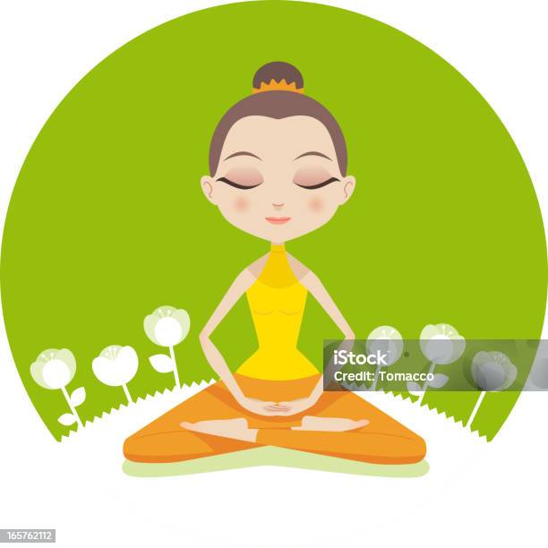 Calm Cartoon Woman In Lotus Position With Flowers Stock Illustration - Download Image Now - Adult, Asian Culture, Beauty