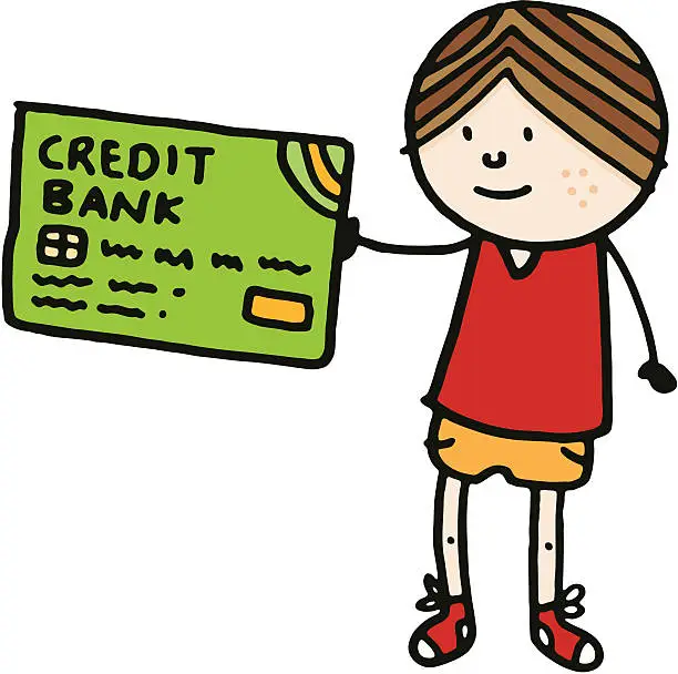Vector illustration of Boy holding up a large credit card