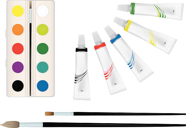 farben und pinsel.   - tempera painting tube paint colors stock-grafiken, -clipart, -cartoons und -symbole