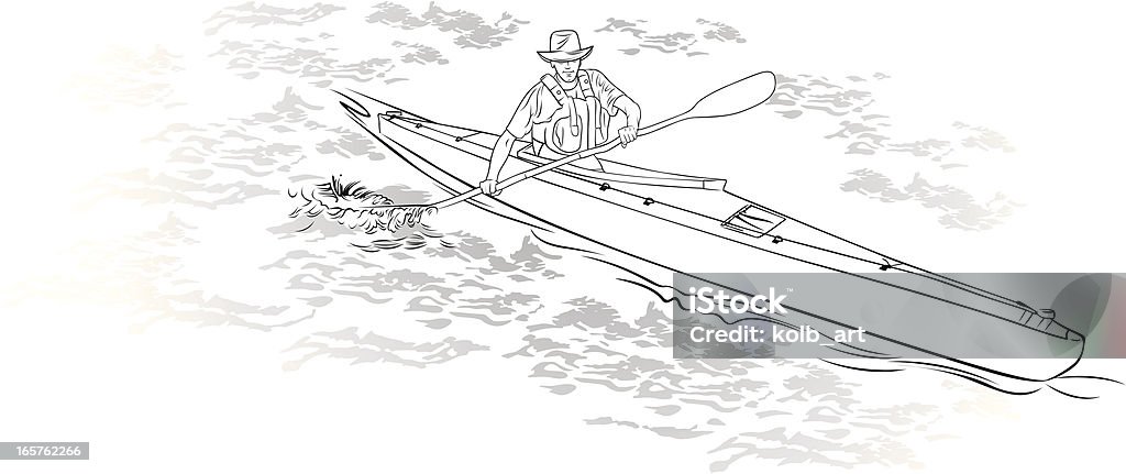 Single kayaker kayaking on open water Line illustration of a single kayaker kayaking on open water Activity stock vector