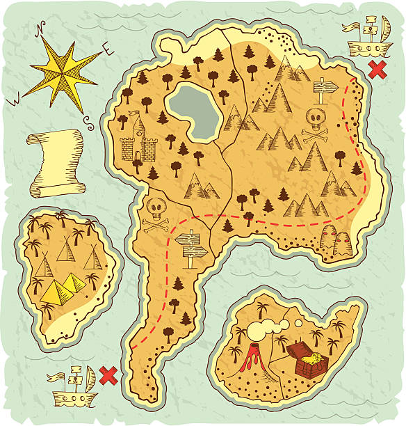 ilustraciones, imágenes clip art, dibujos animados e iconos de stock de dibujados a mano mapa del tesoro - adventure history map backgrounds