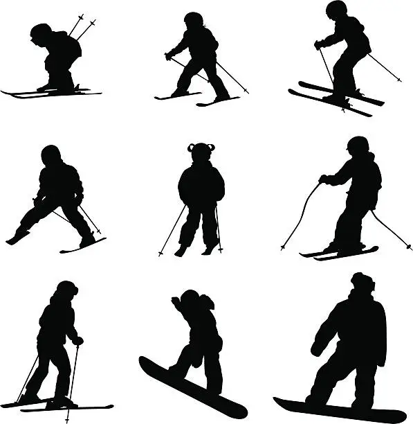 Vector illustration of Kids Day Skiing Vector Silhouette