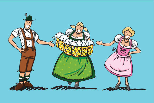 Couple Welcomes Beer Fest Beer Waitress "Sketchy vector illustration of a happy couple in Dirndl and Lederhosen, who are welcoming a Beer Fest Waitress with many beer steins. Line art, color and background are on separate layers, so you also can use the illustration on your own background. The colors in the .eps-file are ready for print (CMYK). Included files: EPS (v8) and Hi-Res JPG." pics of dirndl skirt stock illustrations