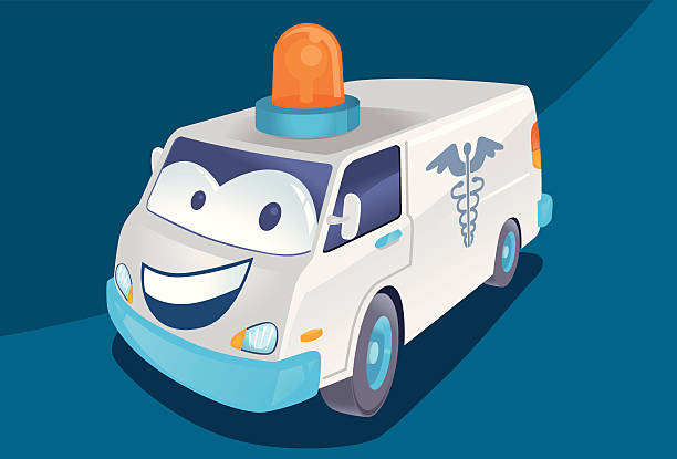 Ambulance Car in cartoon style Happy Ambulance Car. Inludes Illustrator CS5 file with editable 3d distortion of Caduceus symbol on side of the truck. cartoon of caduceus medical symbol stock illustrations
