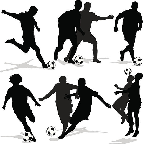 Soccer Player Silhouettes with Shadows Vector illustration of male soccer player silhouettes. black and white sports silhouette stock illustrations