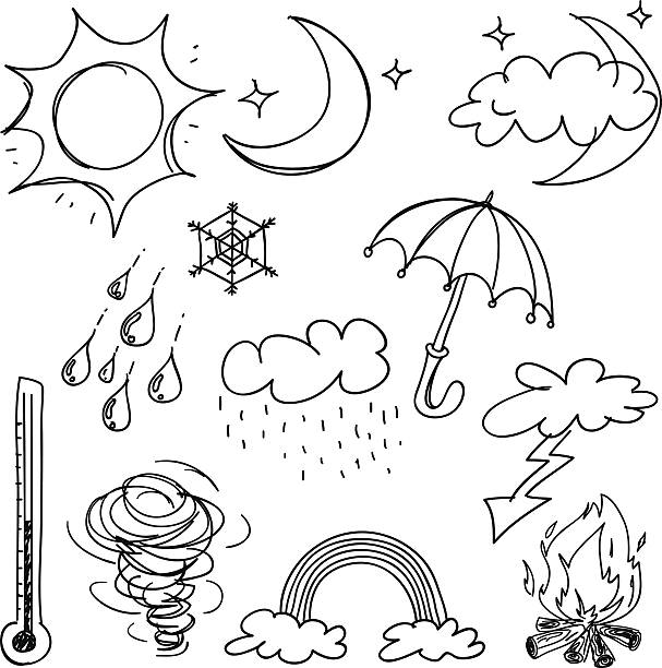 Weather icon collection in black and white Sketch Drawing of different styles weather elements. moon drawings stock illustrations