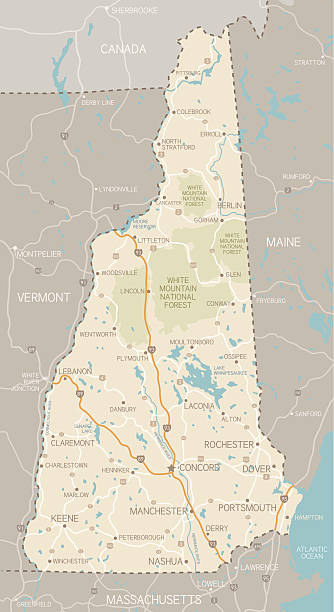 New Hampshire Map A detailed map of New Hampshire state with cities, roads, major rivers, and lakes. Includes neighboring states and surrounding water.  new hampshire stock illustrations