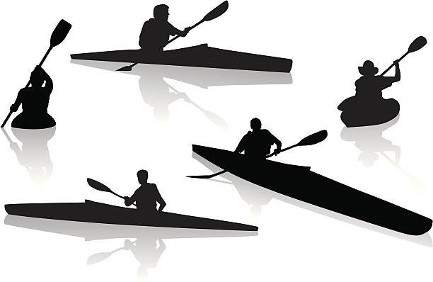 stockillustraties, clipart, cartoons en iconen met silhouettes of single kayakers kayaking - kano op rivier
