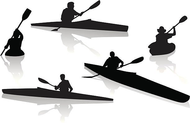 Silhouettes of single kayakers kayaking vector art illustration