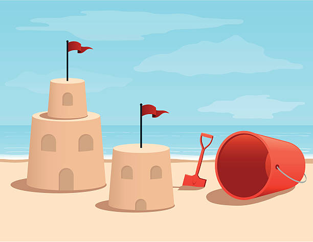 Cartoon Sand Castle At the Beach Sand Castle at the Beach sandcastle structure stock illustrations