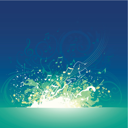 Blue music themed background with musical notes and grunge paint splashes.