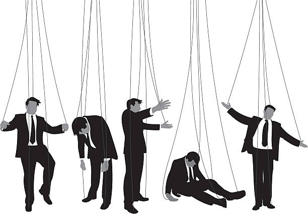 Puppet Man Well dressed businessman being controlled from above. puppet master stock illustrations