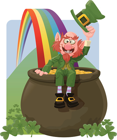 Vector cartoon illustration of a Leprechaun greeting