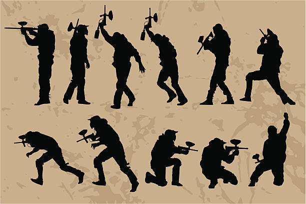 illustrations, cliparts, dessins animés et icônes de silhouettes de joueurs de paintball - paintball