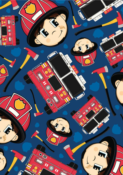 Firefighter and Fire Engine Pattern vector art illustration