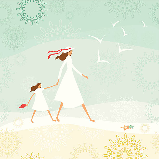 Mother and daughter walking through the beach vector art illustration