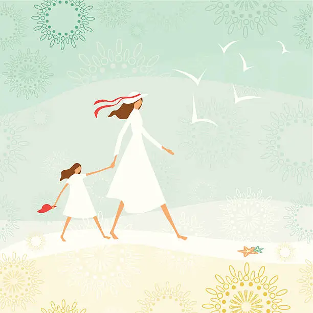 Vector illustration of Mother and daughter walking through the beach