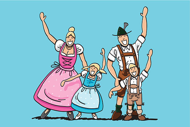 Dirndl And Lederhosen Family Waving Hands "Vector illustration of a happy bavarian family in Dirndl and Lederhosen. The line art, color and background are on separate layers, so you also can use the illustration on your own background. The colors in the .eps-file are ready for print (CMYK). Included files: EPS (v8) and Hi-Res JPG." pics of dirndl skirt stock illustrations