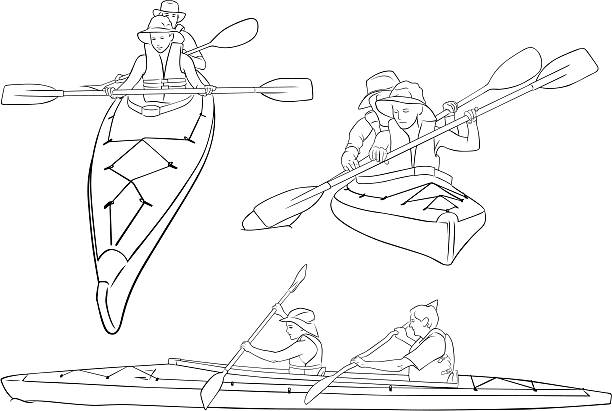 ilustrações de stock, clip art, desenhos animados e ícones de desenhos de dois caiaques linha - canoe canoeing paddling oar