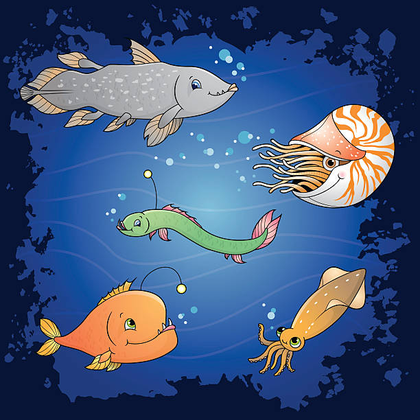 Deep Sea fish Cute creatures from the deep: Coelacanth, Nautilus, Viperfish, Anglerfish and Firefly squid. viperfish stock illustrations