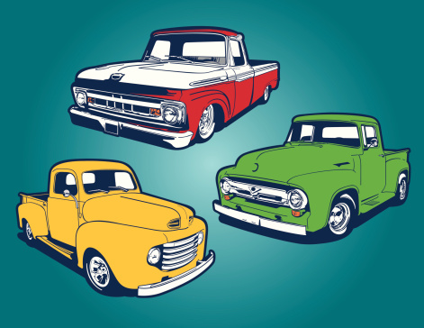 A vector illustration of 3 old classic pickup trucks.