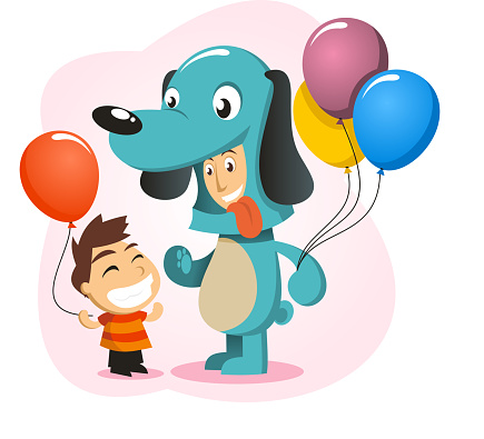 Amusement Park Dog Balloon Mascot playing with Kid. Vector illustration cartoon. 