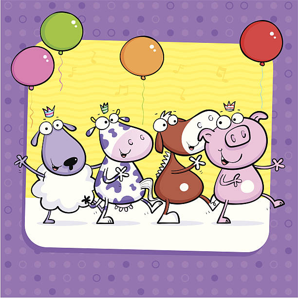 Sheep Cow Horse Pig A sheep, cow, horse and pig having party fun. line dance stock illustrations