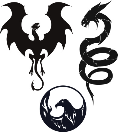 Set of vector images of dragons for tattoos, etc.