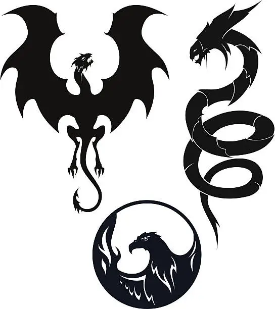Vector illustration of Dragon tattoo set