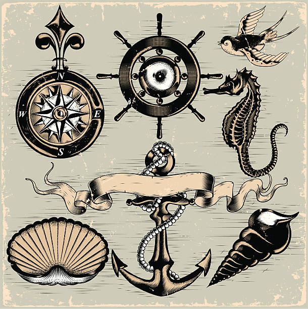 nautische elemente - boot print stock-grafiken, -clipart, -cartoons und -symbole