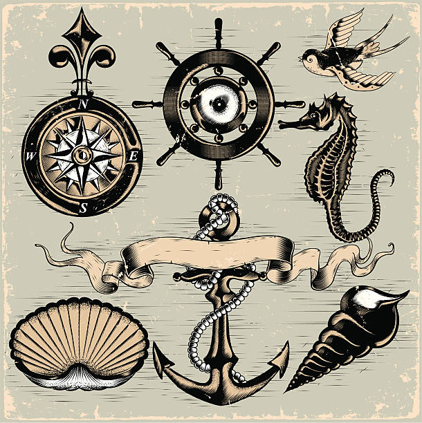 ilustrações de stock, clip art, desenhos animados e ícones de elementos náuticos - nautical vessel pattern rope tattoo