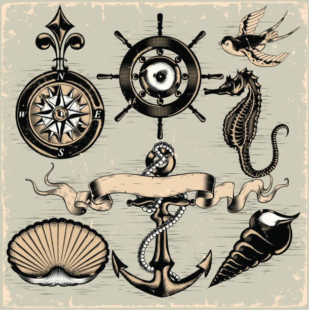 Nautical Elements Nautical Elements nautical tattoos stock illustrations