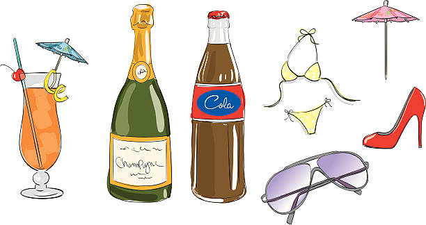 Summer design items "A cocktail, champagne bottle, cola bottle, bikini, sunglasses, cocktail umbrella, and a high heeled shoe." drink umbrella stock illustrations