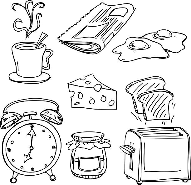 Breakfast collection in black and white Breakfast collection in sketch style, Black and White breakfast illustrations stock illustrations