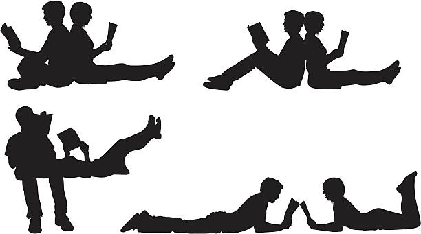 Intellectual couple reading together Intellectual couple reading together feet up stock illustrations