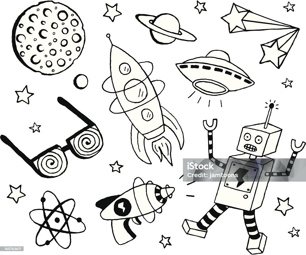 Retro Sci-Fi Doodles A retro science fiction themed doodle page. Includes robot, ray gun, atom, x-ray glasses, rocket, ufo, stars, planets and the moon. Robot stock vector