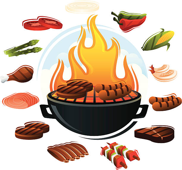 ilustrações, clipart, desenhos animados e ícones de grill com comida tipos - burger barbecue grill hamburger grilled
