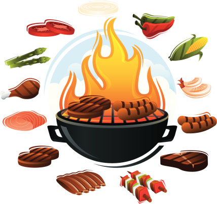 Grill with several different types of grilling food. Arrange your own food setup on the grill. All colors are global. Linear and radial gradients used.