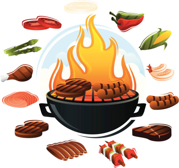 Grill with Food Types Grill with several different types of grilling food. Arrange your own food setup on the grill. All colors are global. Linear and radial gradients used. shish kebab stock illustrations