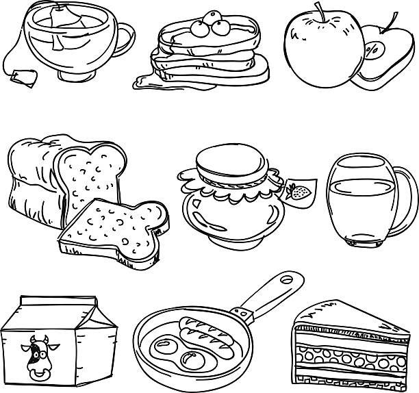 Breakfast collection in sketch style Sketch drawing of breakfast food in black and white food cake tea sketch stock illustrations