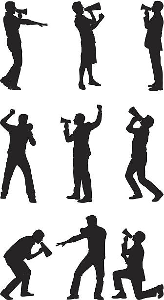 männer sprechen in megaphones - bullhorn protest shaking fist men stock-grafiken, -clipart, -cartoons und -symbole