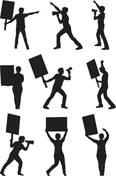 protesters protestieren mit picket beschilderung und megaphones - bullhorn protest shaking fist men stock-grafiken, -clipart, -cartoons und -symbole