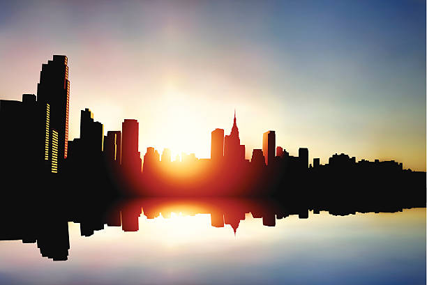 bildbanksillustrationer, clip art samt tecknat material och ikoner med midtown manhattan sunrise - manhattan skyline sunset