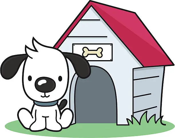 Vector illustration of dog sitting before doghouse