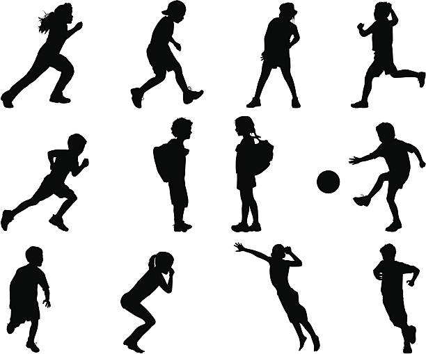 ilustraciones, imágenes clip art, dibujos animados e iconos de stock de niños jugando - soccer child silhouette sport