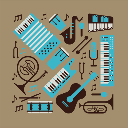 Composition with music instruments. ZIP includes large JPG (CMYK), PNG with transparent background. 