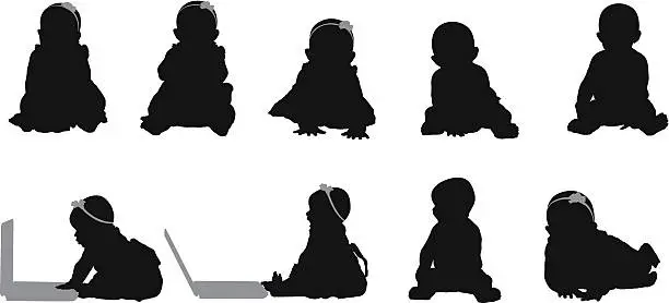 Vector illustration of Baby silhouettes sitting up using laptop computer