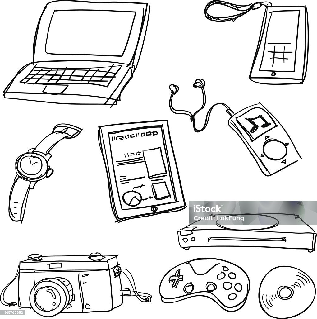 Digital gadget collection Sketch Drawing of digital gadgets in black and white Compact Disc stock vector