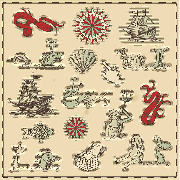 ręcznie rysowane zabytkowych ikon nawigacji na ocean - doodle fish sea sketch stock illustrations